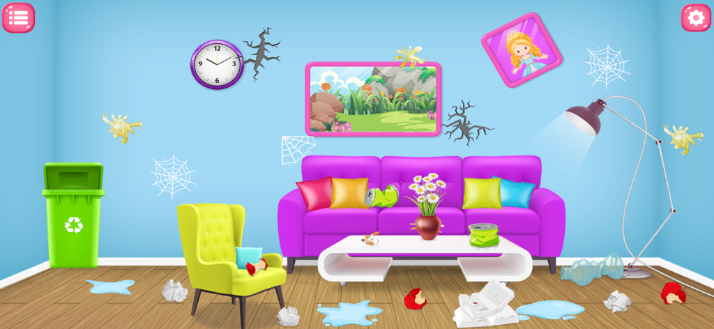 Doll Home: ASMR Cleaning Games - A messy living room scene in Doll Home ASMR Cleaning Games with trash and puddles