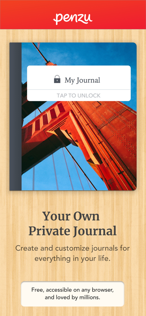 Penzu app interface showing a locked private journal with a custom photo cover and wood background