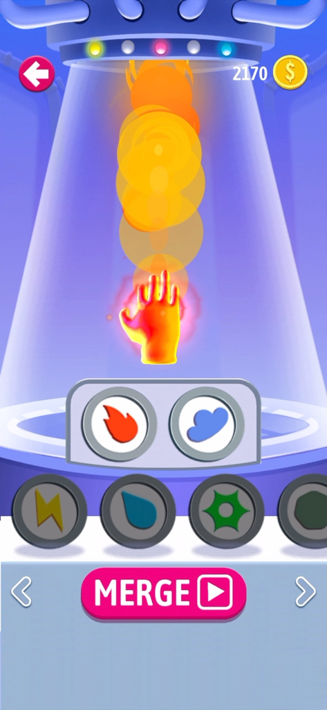 Elemental Gloves - Magic Power - A game interface showing a glowing red hand and elemental icons for fire and clouds with a pink merge button at the bottom.