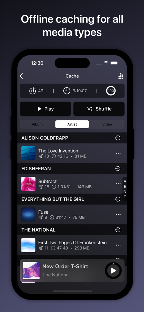 Interfaz de la aplicación AVSub mostrando música y artistas cacheados sin conexión para su reproducción