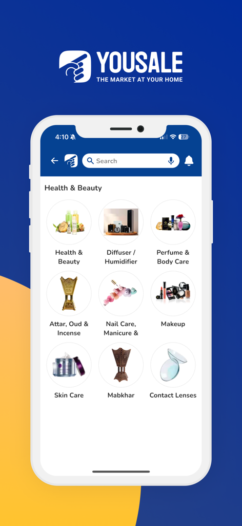 YouSale يوسيل - YouSale app screen showing health and beauty categories including perfumes, oud, and skin care products.
