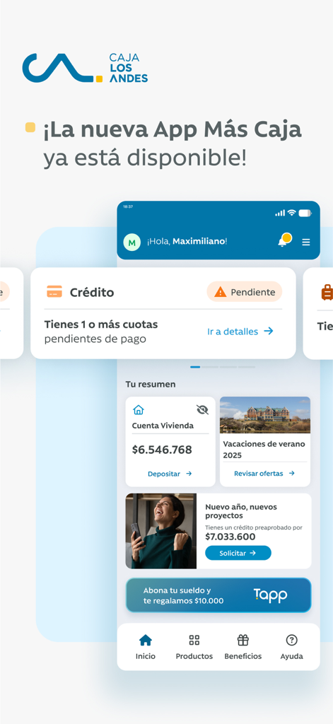 Benutzer-Dashboard der Caja Los Andes App mit Finanzkonten und Kreditwarnungen