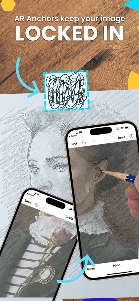 Tela do iPhone mostrando âncoras de RA fixando um retrato virtual sobre uma superfície de desenho física para um traçado preciso