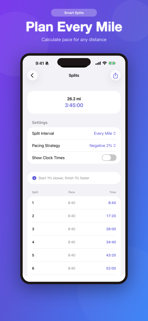 Pace Calculator: Race Splits - Interface of the Pace Calculator app showing mile-by-mile race splits and a negative split strategy for a marathon.