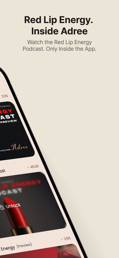 Adree - The Adree app interface showing exclusive Red Lip Energy podcast videos for relationship coaching.