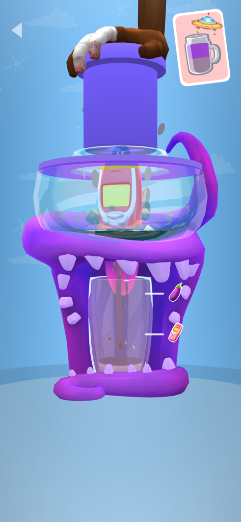 Una licuadora morada con temática de monstruo procesando un teléfono móvil en el juego Blend It 3D