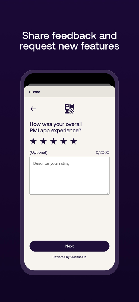 Interfaz de comentarios de la app PMI Official mostrando un sistema de calificación de cinco estrellas y un campo de texto para compartir la experiencia del usuario.