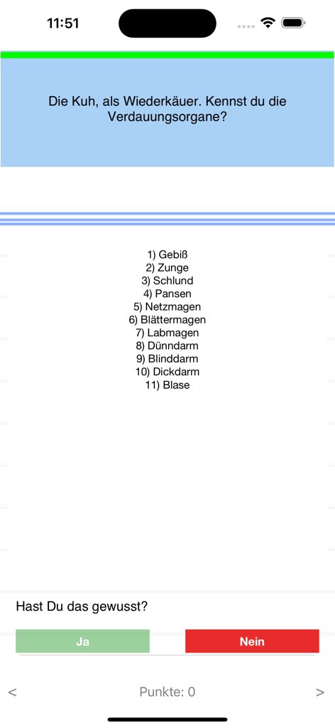 Schlaukopf - Schermata del quiz di biologia nell'app Schlaukopf sulla digestione delle mucche.