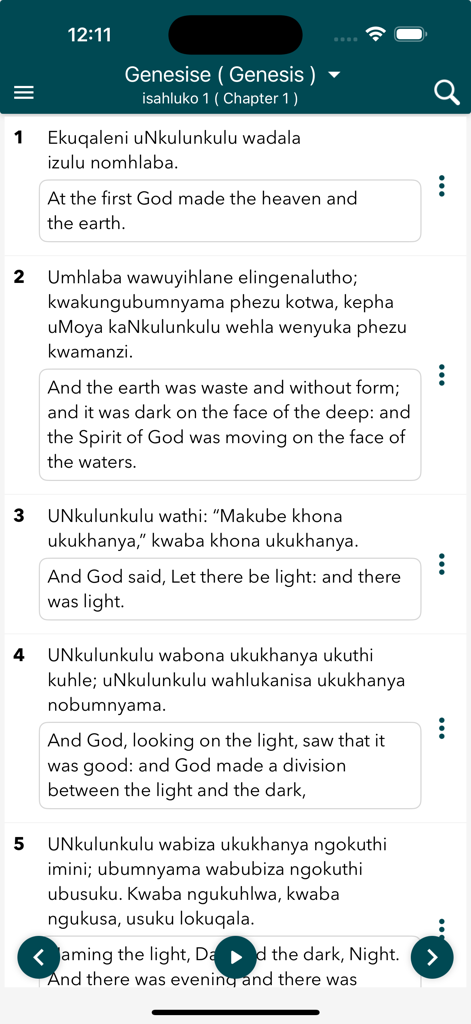 Zulu - English Bible (Offline) - Bilingual reading view of the Zulu and English Bible app showing verses from Genesis chapter one