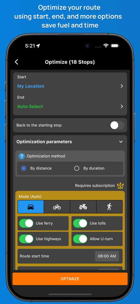 Routin Route Planner - Routin app interface showing optimization settings for multi-stop routes including travel mode and route parameters