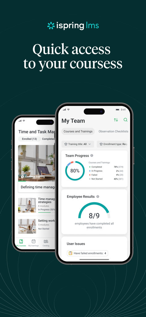 Due smartphone che mostrano l'interfaccia dell'app iSpring LMS, inclusi un elenco di corsi aziendali e una dashboard dei progressi del team