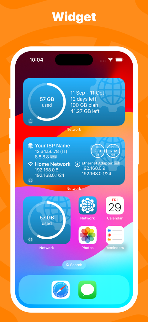 iOS home screen featuring Network Utility widgets for cellular data monitoring and network status