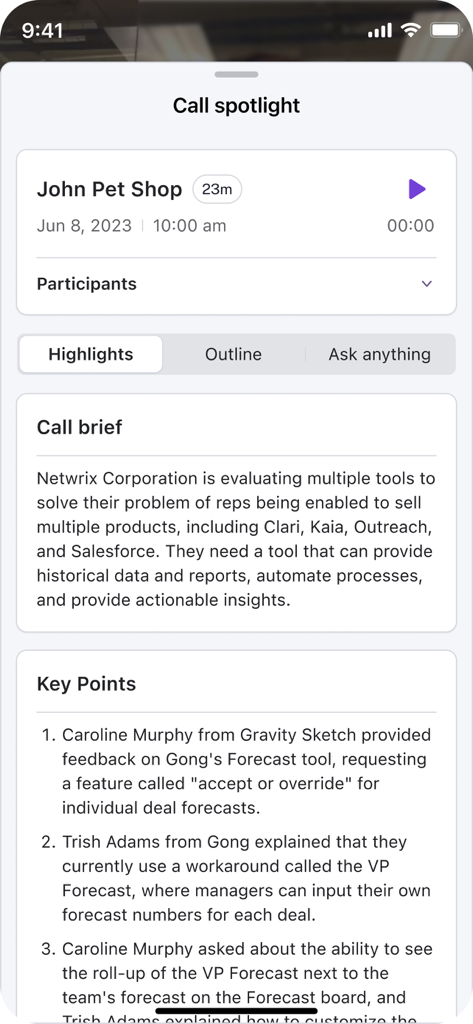 Gong.io - Gong mobile app call spotlight screen displaying an AI generated meeting brief and key summary points