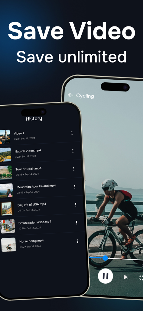 Video Downloader - HD Download - Interfaz de la aplicación Video Downloader HD que muestra una lista del historial de videos guardados y una pantalla de reproductor de video.