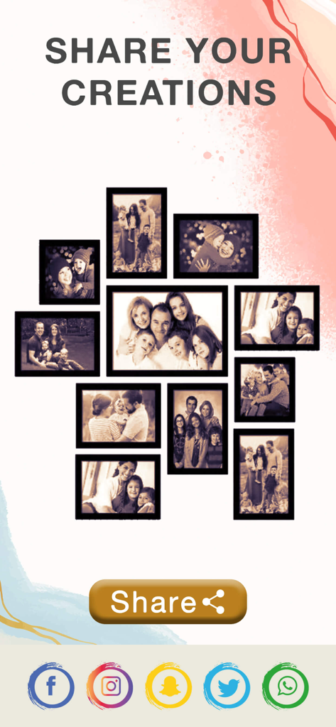 FacebookやInstagramなどのソーシャルメディアアプリに家族の写真コラージュを共有するためのインターフェイス