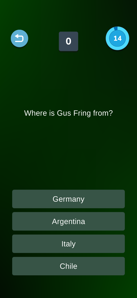 Breaking Bad Quiz - Captura de tela do aplicativo Quiz Breaking Bad mostrando uma pergunta de múltipla escolha perguntando de onde Gus Fring é.