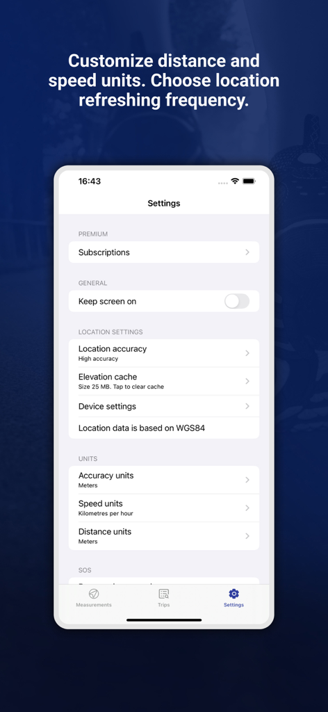 My GPS Odometer - Menú de configuración de la aplicación Mi Odómetro GPS con opciones para unidades y precisión de ubicación