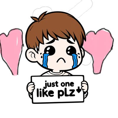 realistic crying boy with a sign saying just one like plz