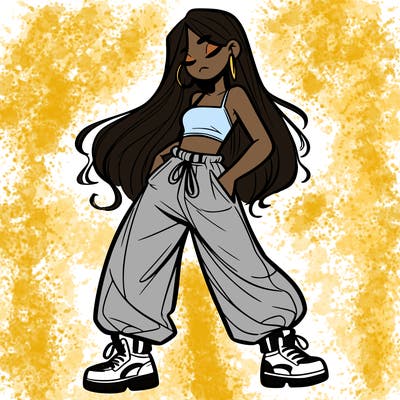 girl in baggy pants crop top and long hair