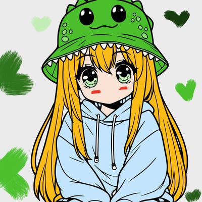 girl with anime shaped eyes with a dinosaur bucket hat oversized sweatshirt long straight hair