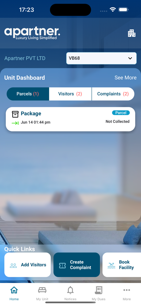 Apartner Luxury Living app interface displaying the unit dashboard with parcel notifications and quick links