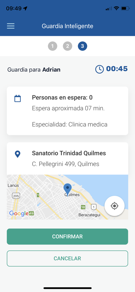 Sanatorios de la Trinidad - Pantalla móvil de la app Sanatorios de la Trinidad que muestra tiempos de espera en Urgencias y un mapa de ubicación para Sanatorio Trinidad Quilmes
