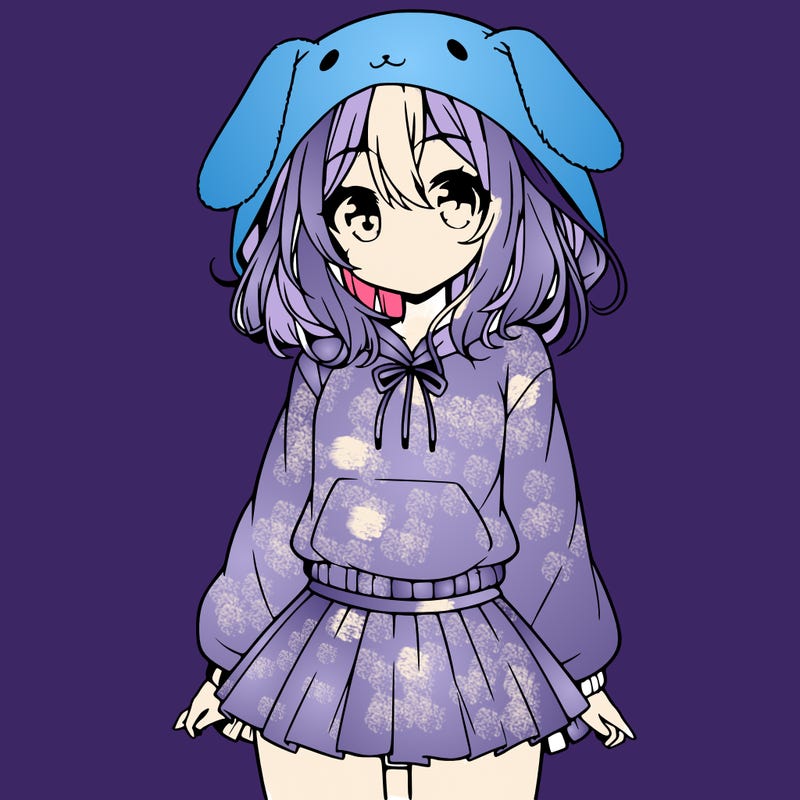pretty anime girl wearing a fluffy hoodie with bunny ears on the hood and a skirt