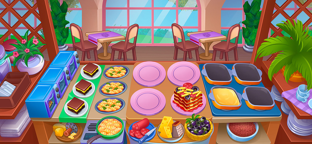 Gameplay screen of Kitchen Crush showing a restaurant kitchen with lasagna and pasta dishes