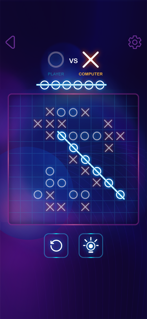 Tic Tac Toe 2 Player: XO Game - Tic Tac Toe gameplay with a neon glow aesthetic on a large grid showing a winning diagonal line of circles