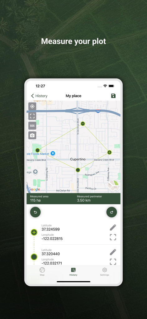 My GPS Area Calculator - Interface de l'application Calculateur de Surface GPS affichant une parcelle de terrain mesurée sur une carte avec les détails de surface et de périmètre