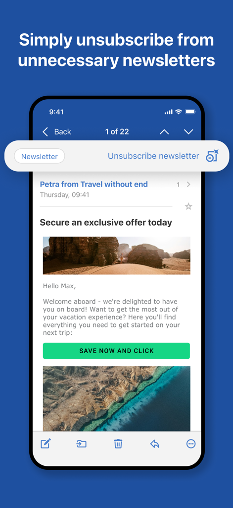 GMX - Mail & Cloud - GMX Mail app interface showing the option to unsubscribe from unnecessary newsletters.
