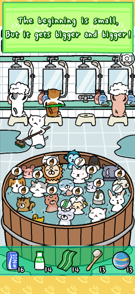 Animais fofos de desenho animado relaxando em uma banheira lotada e tomando banho em um jogo de gerenciamento de casa de banho aconchegante