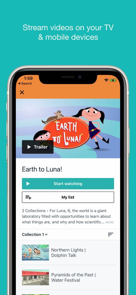Kidstream - Interface of the Kidstream app on an iPhone showing the Earth to Luna show details