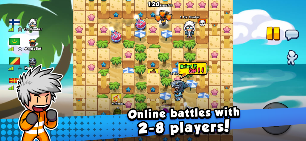 Bomber Friends! - Online-Multiplayer-Kampf in Bomber Friends mit angepassten Charakteren auf einem Strandlevel