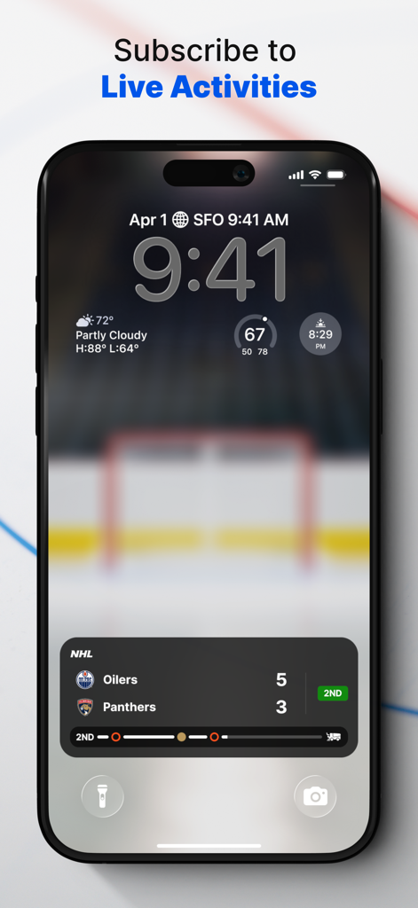 NHL - iPhoneのロック画面、リアルタイムのゲームスコアと進行状況が表示されたNHLライブアクティビティを表示