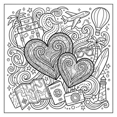 Dive into a world of wanderlust and love with this enchanting coloring page, featuring dazzling glitter hearts amidst exciting vacation scenes. Discover planes, suitcases, and palm trees, all waiting for your creative touch to bring them to life.