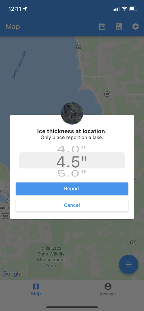 Melden der Eisdicke auf einer Seekarte in der Ice Report App
