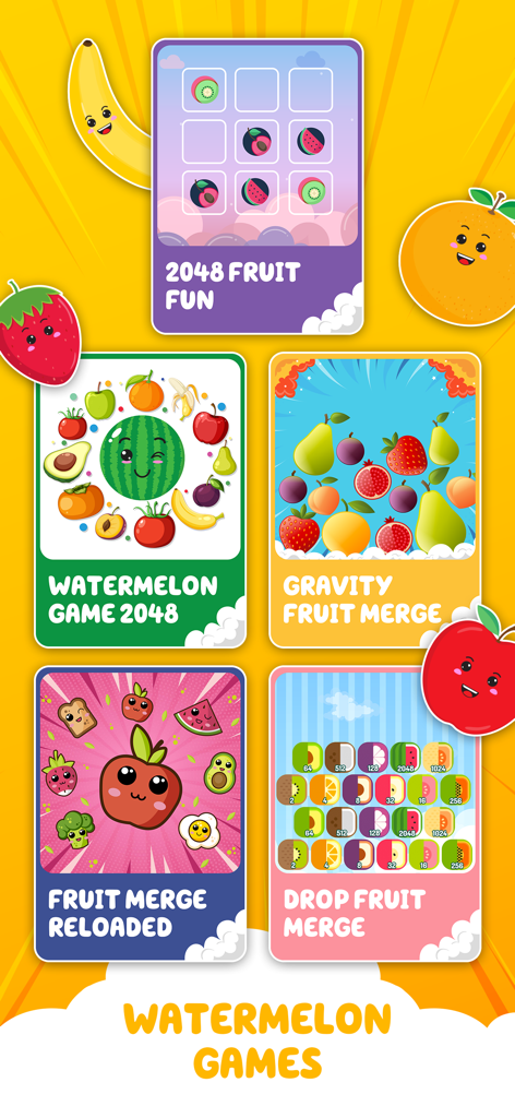 Una pantalla de menú que muestra cinco modos de juego de puzzle diferentes, incluyendo 2048 y Gravity Fruit Merge con coloridos personajes de frutas.