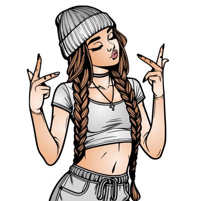 realistic teenage girl with braids and a beanie and crop top doing 🫶🏼
