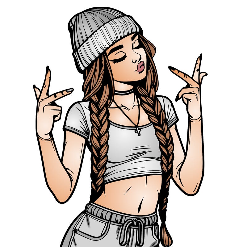 realistic teenage girl with braids and a beanie and crop top doing 🫶🏼