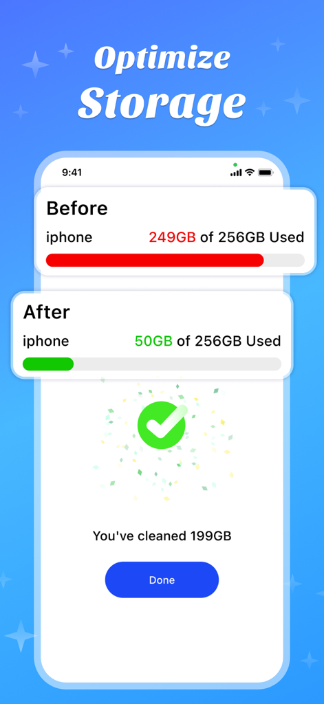 Vista de antes y después mostrando 199 GB de almacenamiento limpiado en un iPhone