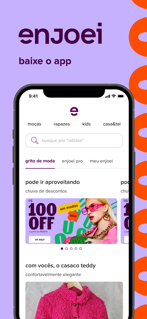enjoei: comprar e vender roupa - Enjoeiマーケットプレイスアプリのホーム画面（iPhone）には、ファッションカテゴリーと割引バナーが表示されています