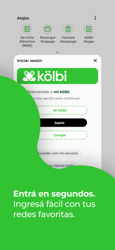 mi kölbi - Pantalla de inicio de sesión de la aplicación mi kölbi con accesos directos a servicios y opciones de inicio de sesión en redes sociales