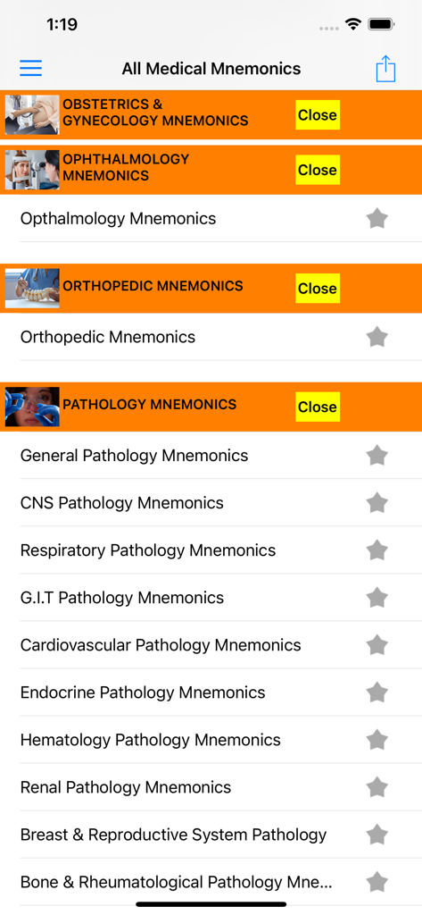 All Medical Mnemonics App - A list of medical study categories including Pathology and Orthopedics in the All Medical Mnemonics App.