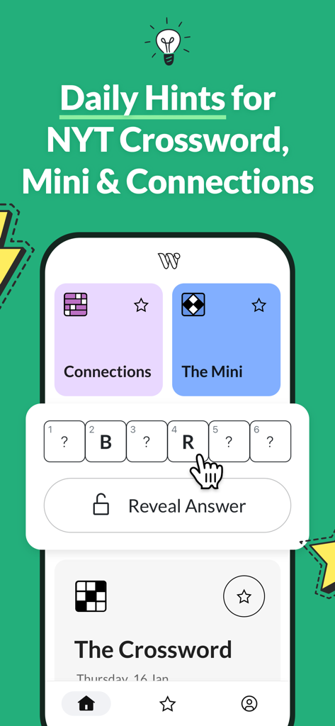App interface showing daily hints for NYT Crossword Mini and Connections with a reveal answer option
