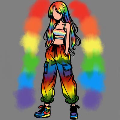 girl in baggy pants crop top and long hair