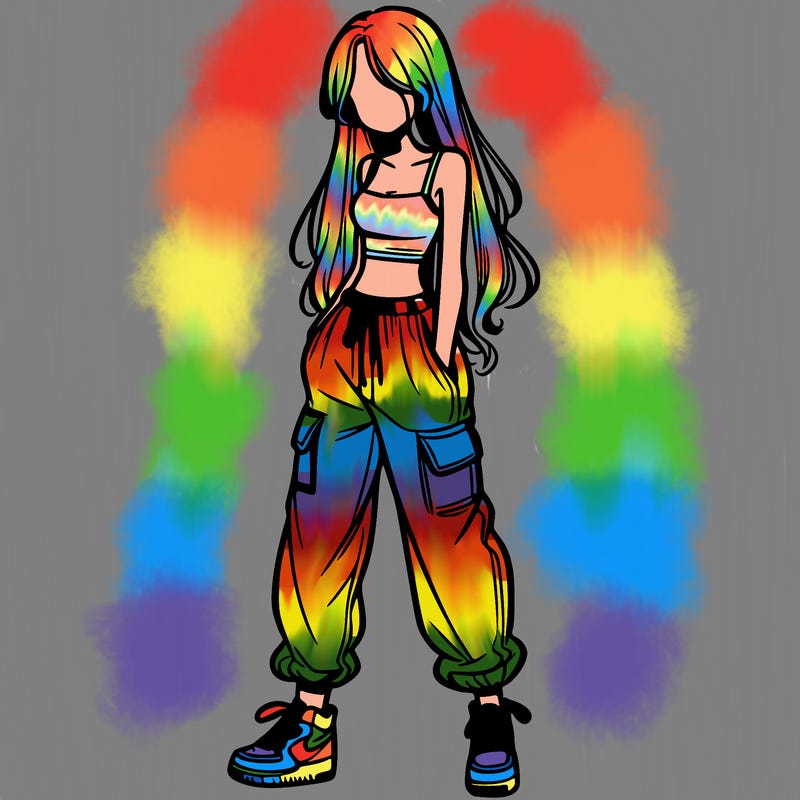 girl in baggy pants crop top and long hair