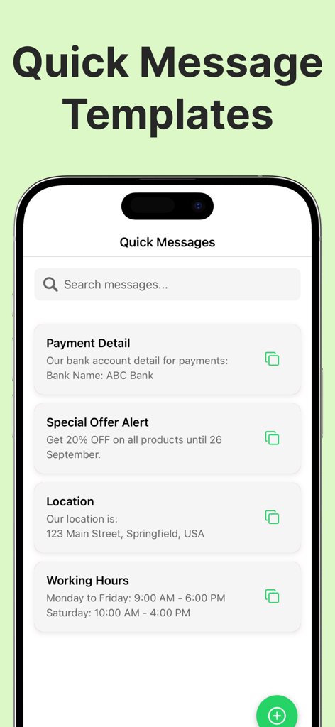 Direct Chat Link for WhatsApp - Interfaccia che mostra modelli di messaggi rapidi per la comunicazione aziendale su WhatsApp.
