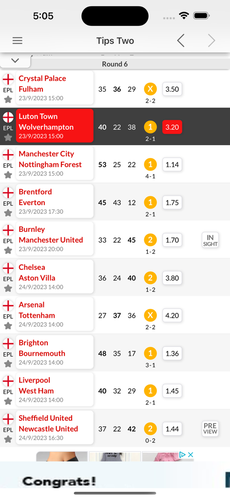 Sure Win Today - Sure Win Today app interface showing English Premier League soccer predictions and betting odds
