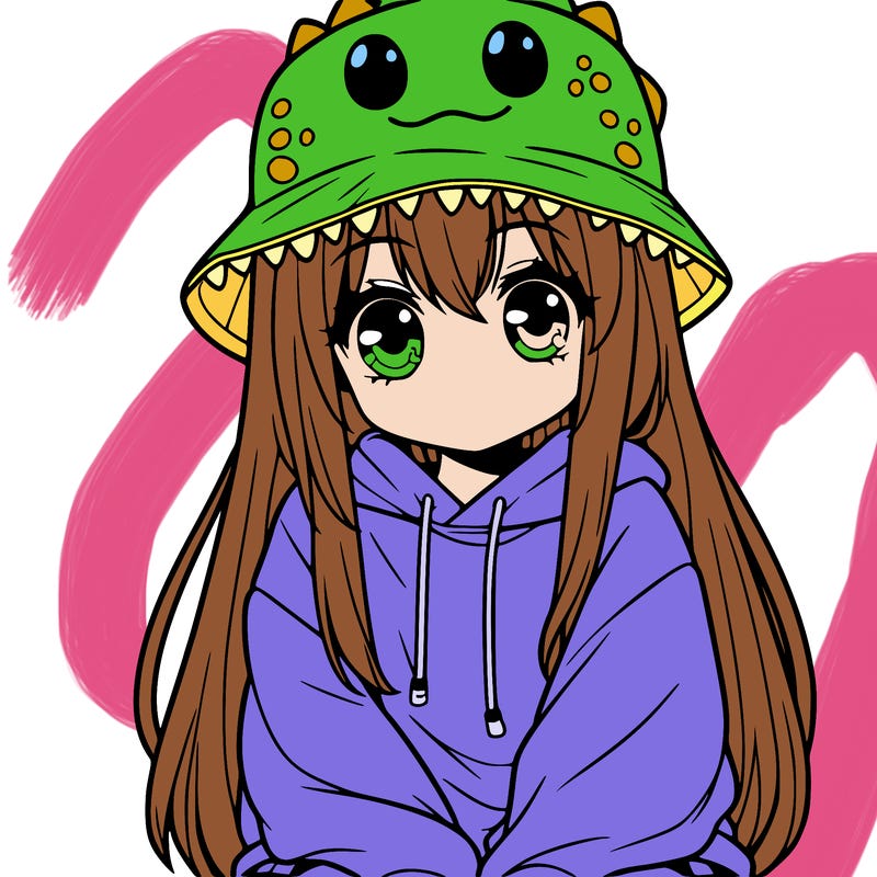 girl with anime shaped eyes with a dinosaur bucket hat oversized sweatshirt long straight hair